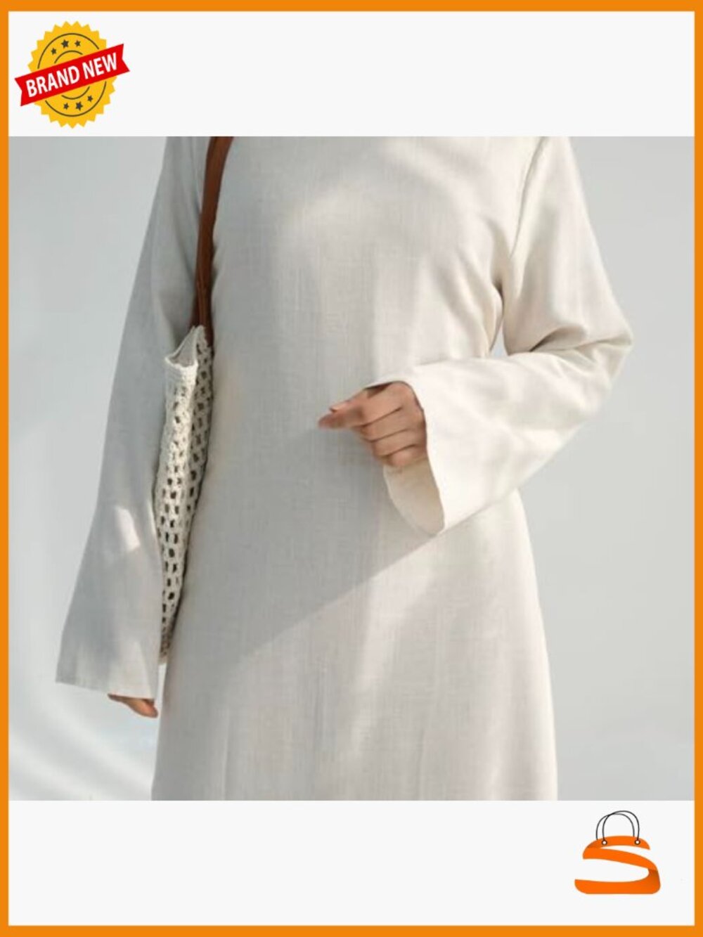 Linen-Blend Maxi Dress with Flared Sleeves and Tie Belt - Picture 3 of 4